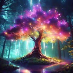 Wall Mural - neon lights illuminating a tree, blending natural beauty with modern flair in a captivating visual