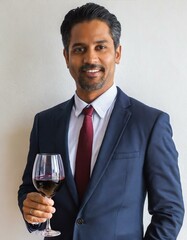 Wall Mural - man in suit smiling and holding glass of red wine