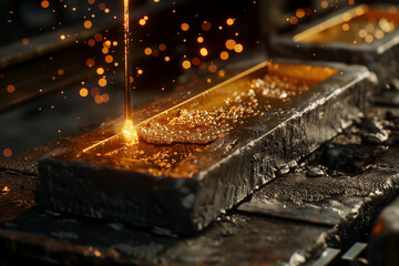 Goldsmith casting gold into ingot modules