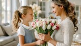 Fototapeta  - Córka wręczająca mamie bukiet tulipanów na Dzień Matki
