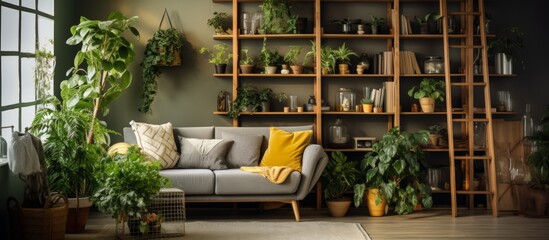 Canvas Print - A cozy living room in a real estate building with lots of potted plants on shelves and tables, a comfortable couch, and a view of the window