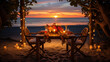 sunset on the beach, A beachside table set for a special celebration, whether it’s a wedding reception, anniversary dinner, or tropical party, with the sun setting over the water, casting a warm glow 