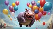 a happy hippopotamus flies with balloons, a funny hippopotamus descends from the sky with the help of colorful balloons, a holiday or birthday card with a funny hippopotamus