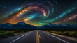 a magical world of stars dance and twirl in the night sky, their movements creating a mesmerizing display of light and color over Icy Peaks and Hight way road., highway in night.