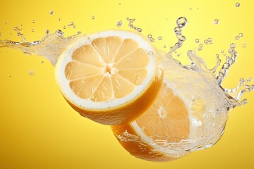 Wall Mural - Fresh juicy lemon in splashes of water on a yellow background