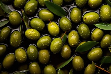 Wall Mural - Fresh green olives with drops of oil, beautiful texture