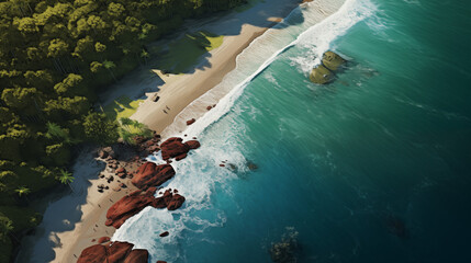 Poster - view of the sea, A bird’s-eye perspective of Red Frog Beach, where the dense jungle meets the turquoise sea. The wild coastline is dotted with palm trees, and the vibrant greenery contrasts beautifull