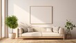 Maqueta de interior con cuadro en blanco sobre pared blanca con sofá y plantas. Luz natural a través de la ventana.