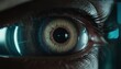 Close-up shot of a human eye, the iris details are striking against the futuristic blue interface reflected on the surface, blending the concepts of biology and technology.