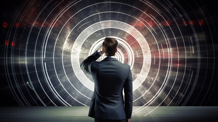 Wall Mural - person in a tunnel, A businessman, dart in hand, intently aiming at a bullseye target, the determination in his eyes palpable 