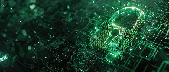 Wall Mural - digital green hot lock in abstract cyber space, data dark background, secure computer information. t