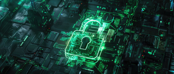 Wall Mural - digital glowing padlock on pcb in cyber space, abstract data dark background, secure computer inform