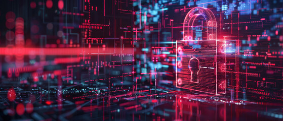 Wall Mural - digital red glowing lock in dark cyber space, abstract data background, secure computer information.