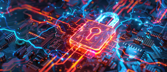 Wall Mural - digital red lock with lightning in dark cyber space, abstract data background, secure computer infor