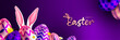 Easter greeting card banner with Easter eggs and Easter bunny ears on purple background.