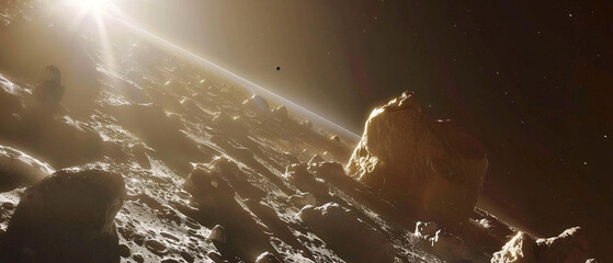 Wall Mural - futuristic spacecraft carefully maneuvering through a field of large and dangerous asteroids in spac