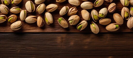A pile of pistachios, a popular ingredient in cuisine, sits on a wooden table. This natural food, sourced from flowering plants, is a staple food at events