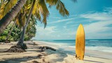Fototapeta  - Enjoy surfing and relaxation on a tropical beach with palm trees and a dedicated surfing area. Perfect for summer vacations and water sports enthusiasts.