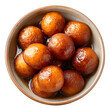 Delicious gulab jamun in a bowl seen from above, top view, isolated on a white background