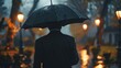 man with a suit and an umbrella in a cemetery with drizzle, dark day in high resolution and quality