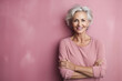 Stylish Senior Woman with Silver Hair on Pink Background