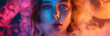 portrait of vaper smoker girl exhaling vaping vapor with neon light