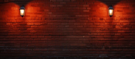 Canvas Print - A brown wood brick wall with two amber automotive lighting lanterns. The lanterns emit an orange glow, casting a warm light on the wall