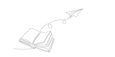 Open book and flying paper plane. Continuous one line drawing for business, education. Single line drawing of content for school, studding. Vector illustration on white background. Hand drawn sketch