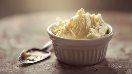 Creamy butter in a bowl with a spoon on a textured background. Healthy fresh farm dairy product