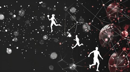 Silhouette of a man walking in digital cyberspace.
Concept: eSports and digital technologies in sports, social media and network communication. Copy space banner