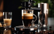 black coffee is poured into a glass cup that stands on a metal s
