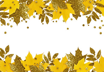 Wall Mural - yellow and golden autumn leaves and glitter drops in a seasonal borders isolated on white or transpa