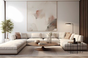 Wall Mural - Immerse yourself in the elegance of a 3D wall mockup, enhancing the ambiance of a minimalist living room with its modern aesthetic and Scandinavian charm.