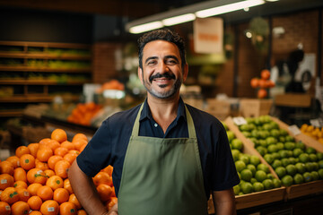 Welcoming Grocer: Proud Store Owner with Fresh Produce