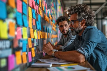 Two businessmen brainstorming ideas using sticky notes on a glass wall in an office.