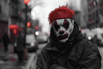 close up person portrait in clown make up, urban street background in black and white colors with re