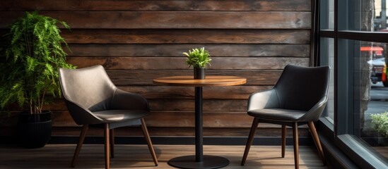 Poster - The room is furnished with two chairs and a table. There is also a plant by the window, adding a touch of nature to the hardwood flooring