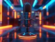 Close-up of a 3D-rendered microphone with a glowing neon base