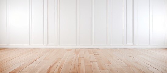 Wall Mural - The image features a simple room with two white walls and a wooden floor