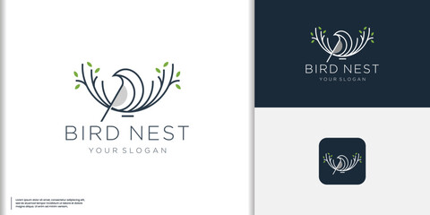 Wall Mural - minimalist line Bird's and nest leaf logo design concept.