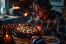 A Man Blowing Out Candles On A Cake Shaped Like A Football Field, With The Number "40" Marked By Goalposts. Celebration Of A Sports-themed Birthday. Generative Ai.