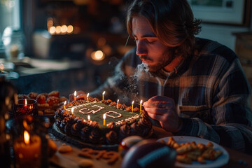 Canvas Print - A man blowing out candles on a cake shaped like a football field, with the number 