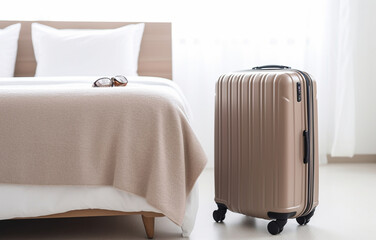 Wall Mural - modern brown suitcase on white bed on white bedroom background