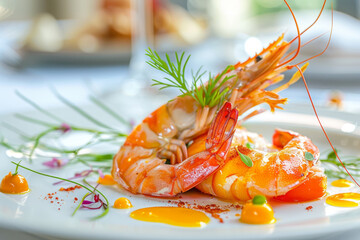 Wall Mural - A close-up of a beautifully plated seafood dish prepared by a master chef.