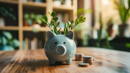 Piggy bank and coins on wooden table in modern living room. The concept of saving money. 