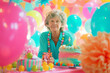 Joyful Senior Celebrating with Vibrant Birthday Decor