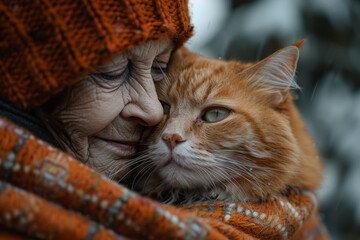 Wall Mural - A loving therapy cat snuggled up with an elderly person, providing warmth and comfort in their golden years. Concept of companionship and solace. Generative Ai.