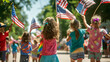 Children waving American flags during a 4th of July parade in a hometown setting.