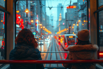 Wall Mural - Commuters sharing a ride on the tram, gazing out the window at the passing cityscape. Concept of urban transit and efficiency. Generative Ai.