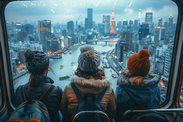 Poster - Travelers seated on the double-decker bus, enjoying panoramic views of the city as they tour around. Concept of sightseeing and exploration. Generative Ai.